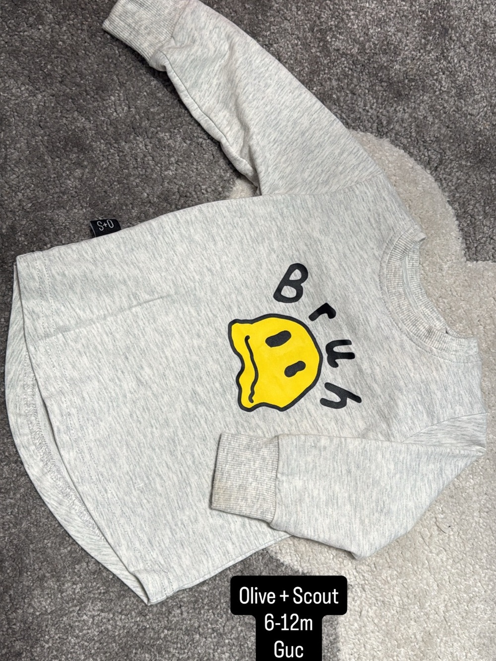 Olive + Scout Gray Baby Sweatshirt with Yellow Smiley Graphic
